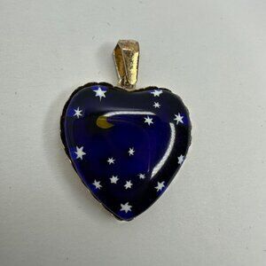 925 Silver Gold Tone Murano Glass Dark Blue Millefiori Heart Pendant Star Moon
